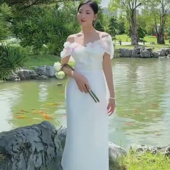 White Off Shoulder Sparkle Ao Dai Set