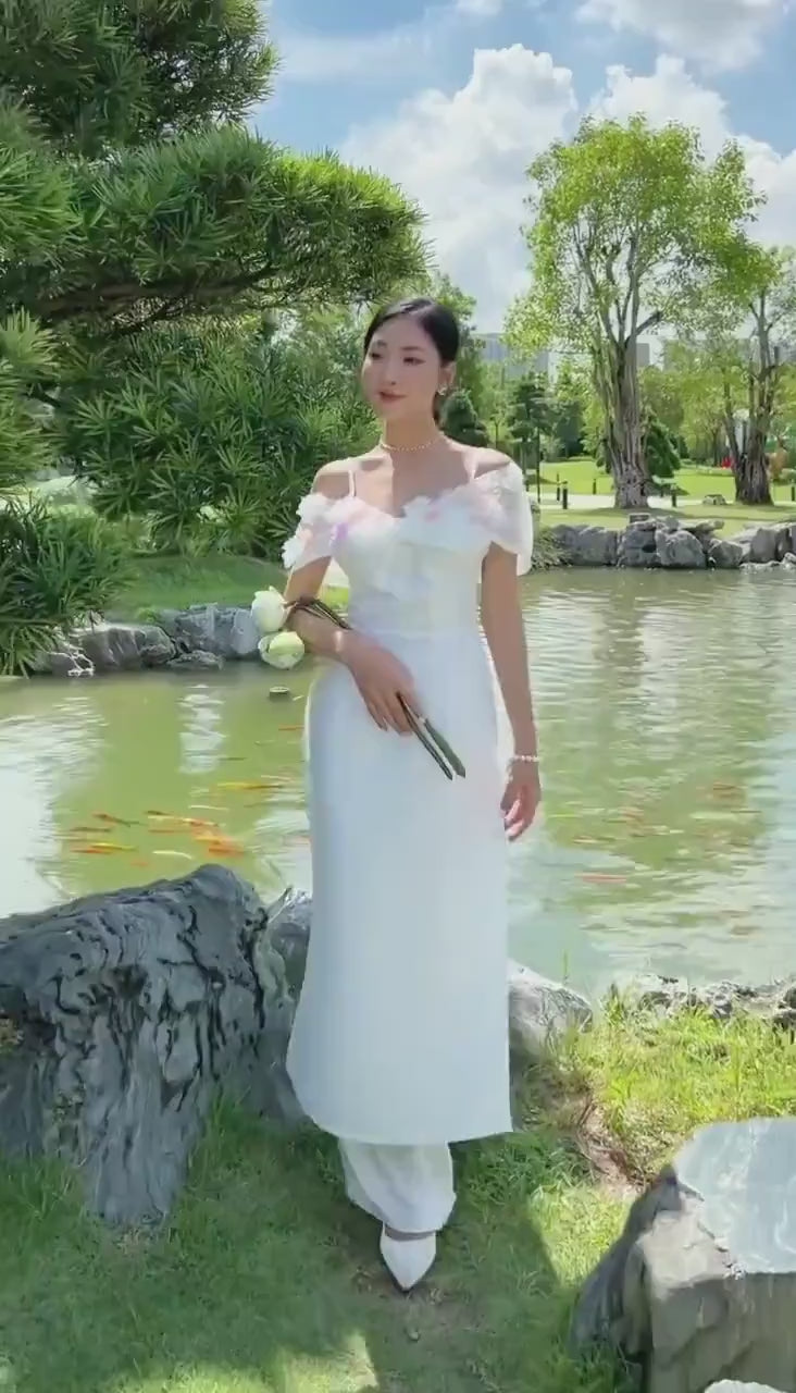 White Off Shoulder Sparkle Ao Dai Set