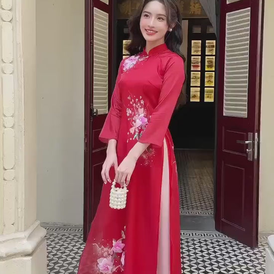 Moc Lan - Red Ombre with Pink Pants Ao Dai Set 18B