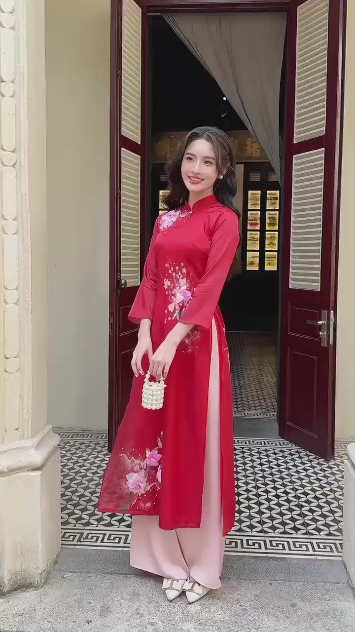 Moc Lan - Red Ombre with Pink Pants Ao Dai Set 18B