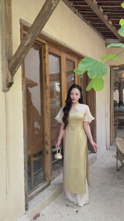 Green Pearl Neckline Sheer Wing Sleeves Ao Dai Top Only (NO PANTS)