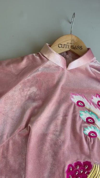 Light Pink Embroidery Velvet Ao Dai Top Only, NO PANTS