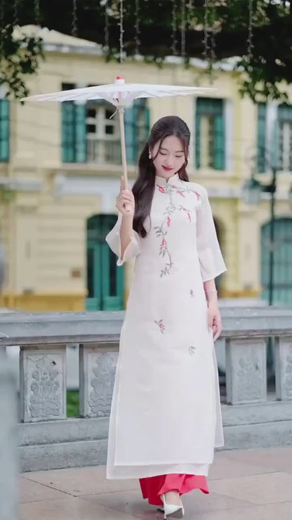 Cream Holly Berries Ao Dai Set (Red Pants)