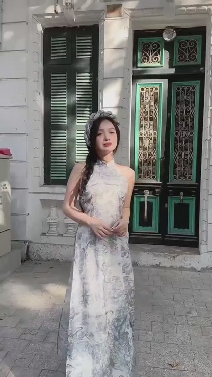 Blue Printed Yem-Inspired Ao Dai Top Only, No Headband, No Scarf FL
