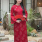 Nhu Mai - Shifted Red Shimmery Peony Ao Dai Top Only, NO PANTS 40C