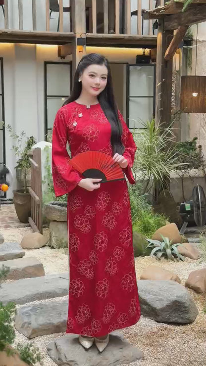 Nhu Mai - Shifted Red Shimmery Peony Ao Dai Top Only, NO PANTS 40D