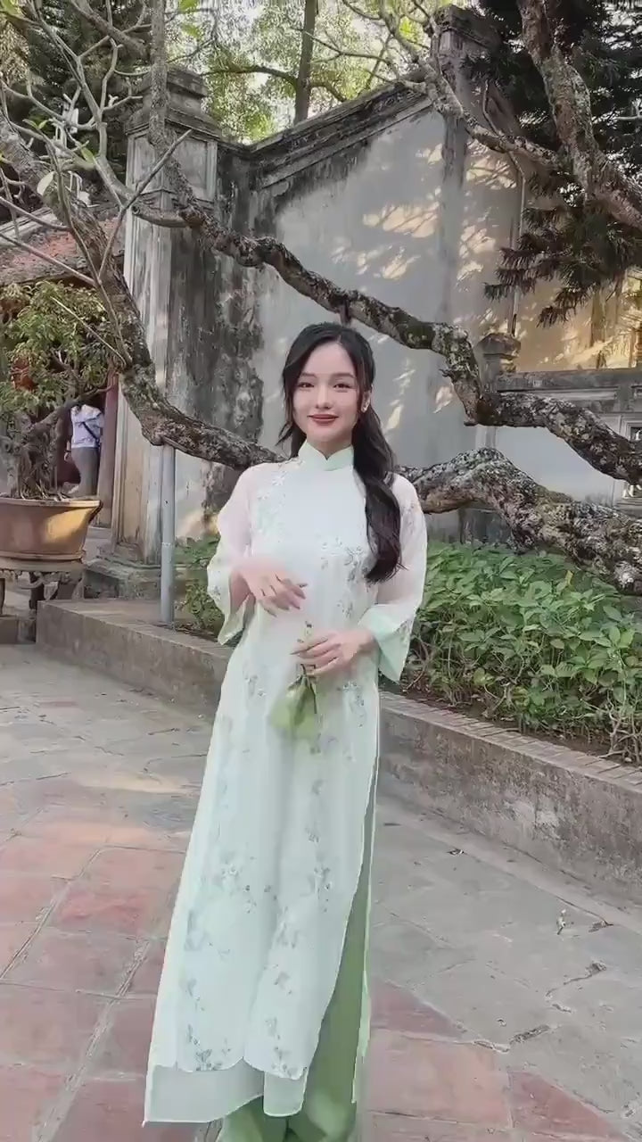 Shifted Cyan Embroidery Chiffon with Tassel Ao Dai Set 49A,B-50