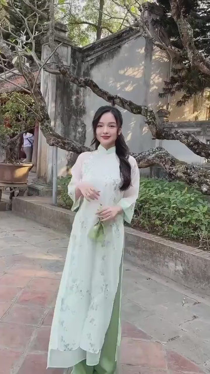 Shifted Cyan Embroidery Chiffon with Clover Tassel Ao Dai Set