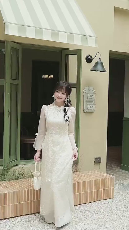 Cream Halter Bow Sleeves Ao Dai Top Only, No Pants