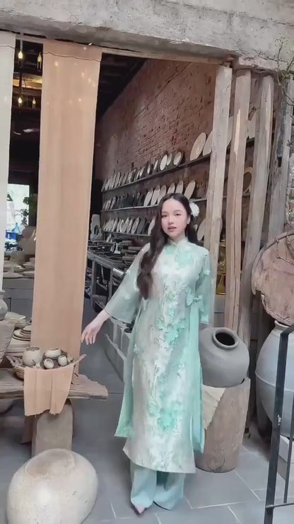 Yen - Cyan and Gold 3D Flowers Bow Shifted Ao Dai Set 3D