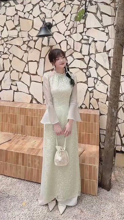 Pastel Green Halter Bow Sleeves Ao Dai Top Only, No Pants