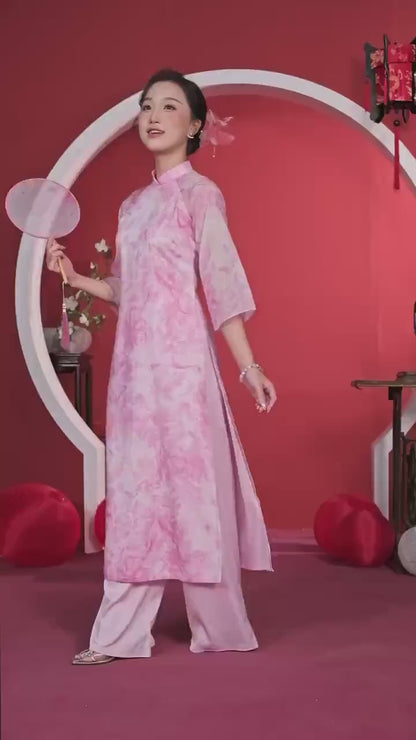 Shifted Pink Printed Chiffon Ao Dai Top Only, NO PANTS 4A