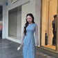 Linh Vy - Blue Lace Round Collar Puffy Sleeves Ao Dai Top Only, No Pants