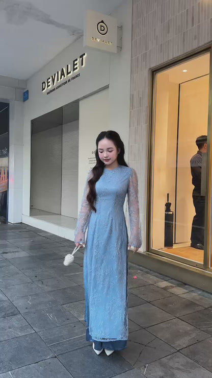 Linh Vy - Blue Lace Round Collar Puffy Sleeves Ao Dai Top Only, No Pants, 26B