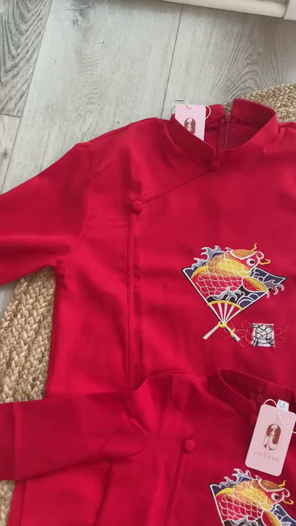 Family DEEP RED Pearls Ao Dai Set (No Headband)