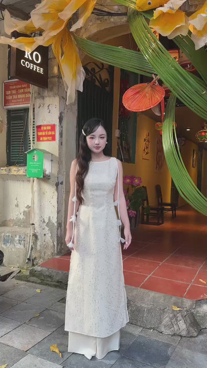 Linh Vy - Muse Cream Sleeveless Ao Dai Top Only and Shoulder Strings, No Pants 12C