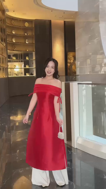 Linh Vy - Aura Red Off the Shoulder Ao Dai Top Only, No Pants 1,2B3C