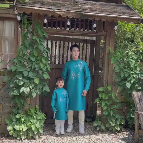 Gia Hòa - Men and Boy Turquoise Robin Bird Ao Dai Set