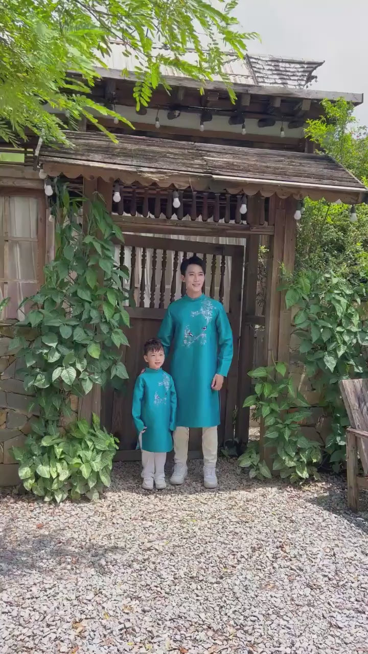 Gia Hòa - Men and Boy Turquoise Robin Bird Ao Dai Set
