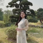 Pastel Blue Sakura Pearls with Sheer Sleeves Ao Dai Top Only, NO PANTS