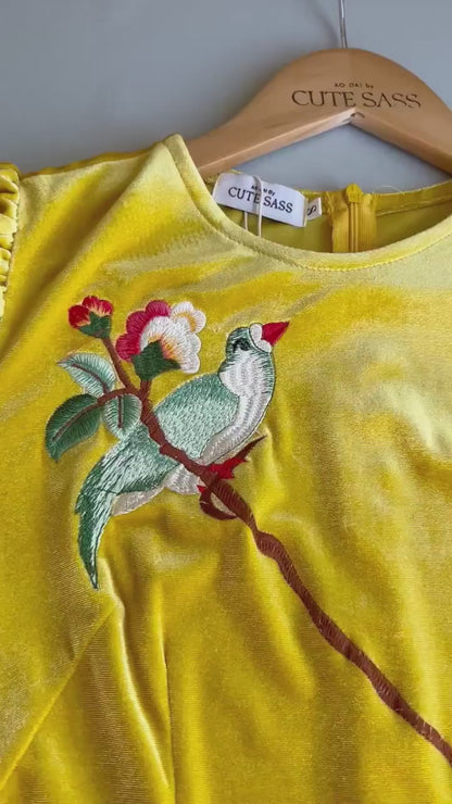 Mom and Daughter Yellow Embroidery Velvet Ao Dai Top Only, NO PANTS