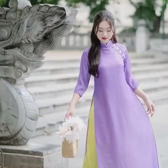 Purple Chiffon Pearl Bows Ao Dai Top Set with Lime Gam Pants