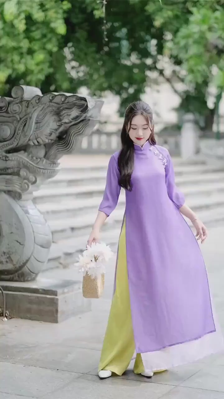 Purple Chiffon Pearl Bows Ao Dai Top Set with Lime Gam Pants