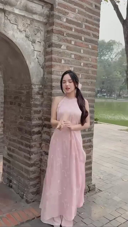 Yen - Shifted Pink Petal Plait Braided Neckline Yem-Inspired Ao Dai Top Only, No Pants