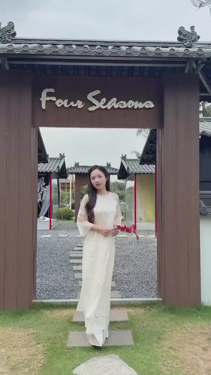 Shifted Cream Embroidery Chiffon with Braided Neckline Ao Dai Top Only, No Pants 4D