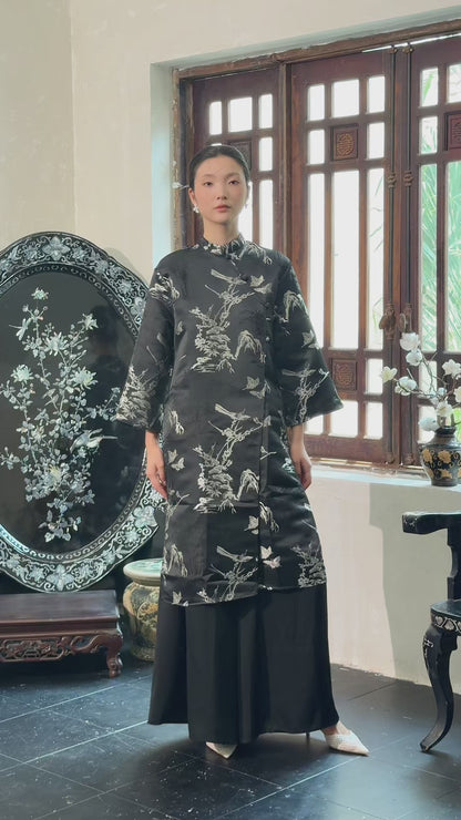 Khảm - Gender Fluid Black Silver Wide Sleeve Shifted Ao Dai Top Only, No Pants