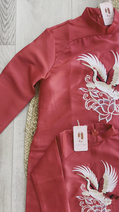 Family Red Hac Embroidery Ao Dai Set (No Headband) 26B