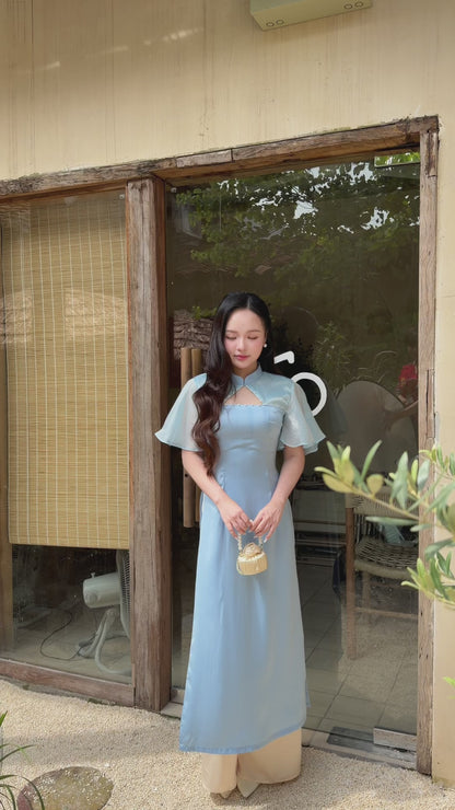 Blue Pearl Neckline Sheer Wing Sleeves Ao Dai Top Only (NO PANTS)