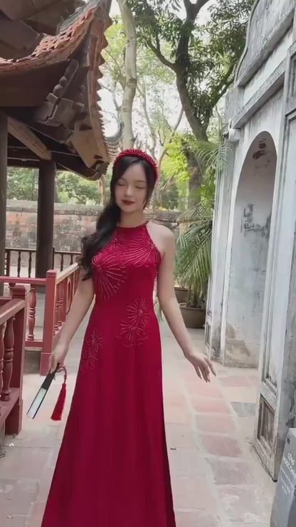 Red Bling Yem-Inspired Ao Dai Set (No Headband)