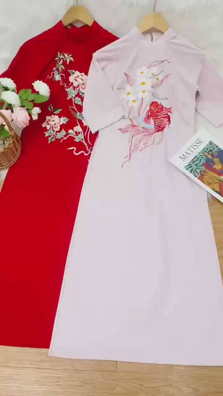 Shifted Embroidery Pink / Red Ao Dai Set