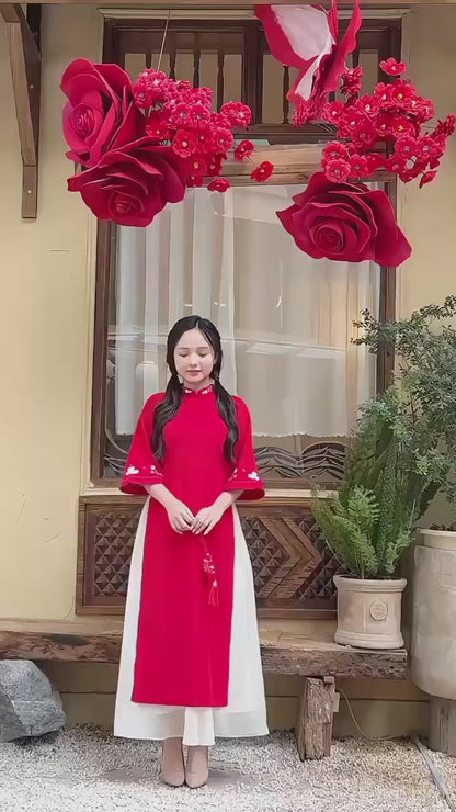Red Daisy Ao Dai with Skirt