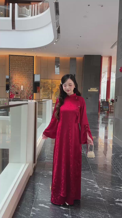 Linh Vy - Red Shifted Vows Long Sleeve Bows Ao Dai Set 13C, 14C