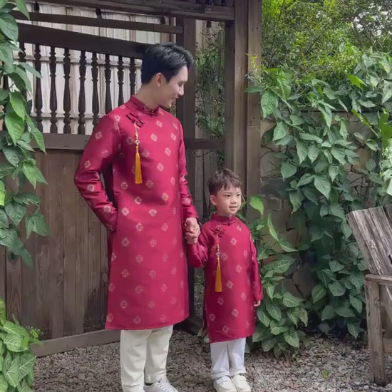 Gia Hòa - Dad and Boy Red Ao Dai with Gold Pattern Top, No Tassel