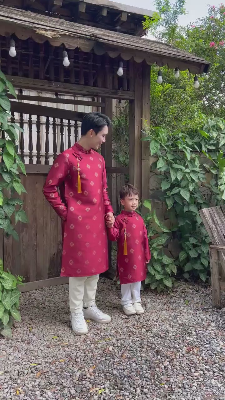 Gia Hòa - Dad and Boy Red Ao Dai with Gold Pattern Top, No Tassel