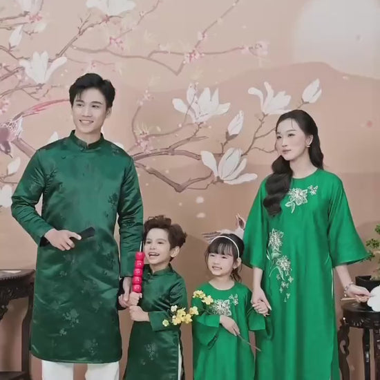 Nhu Y - Family Green Yuki Cherry Blossom Embroidery Matching Ao Dai Set