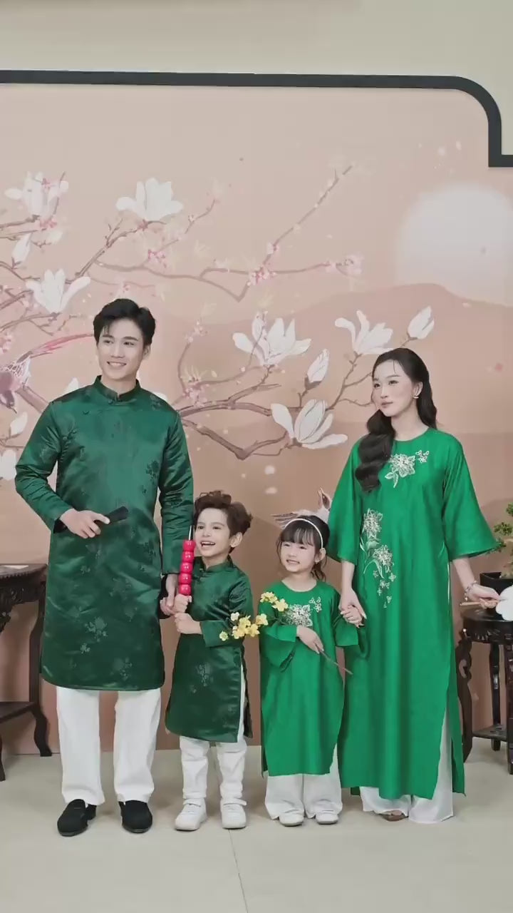 Nhu Y - Family Green Yuki Cherry Blossom Embroidery Matching Ao Dai Set