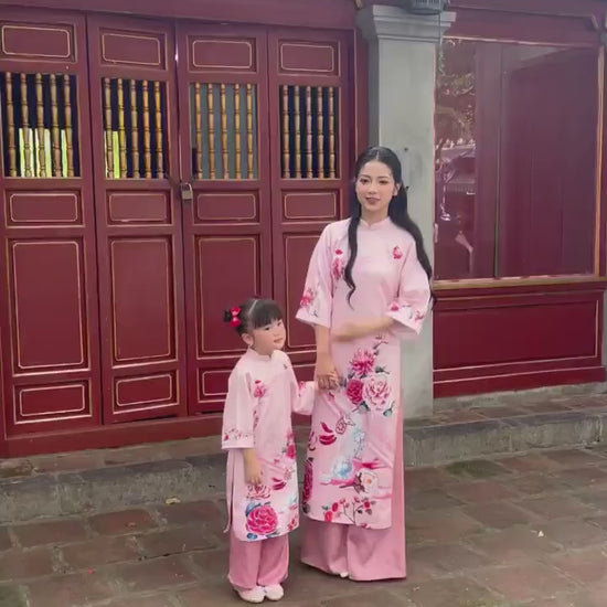 Mom and Daughter Pink Vibrant Matching Ao Dai Set