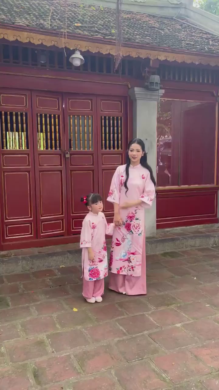 Mom and Daughter Pink Vibrant Matching Ao Dai Set