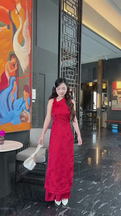 Linh Vy - Red Rose Asymmetrical Ao Dai Top Only, No Pants 3E