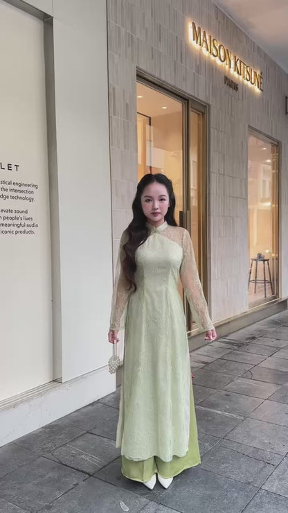 Linh Vy - Green Lace High Collar Ao Dai Top Only, No Pants 24B