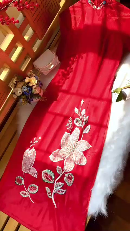 Red Sparkle Peony Ao Dai Set (Mid Sleeves) 25C