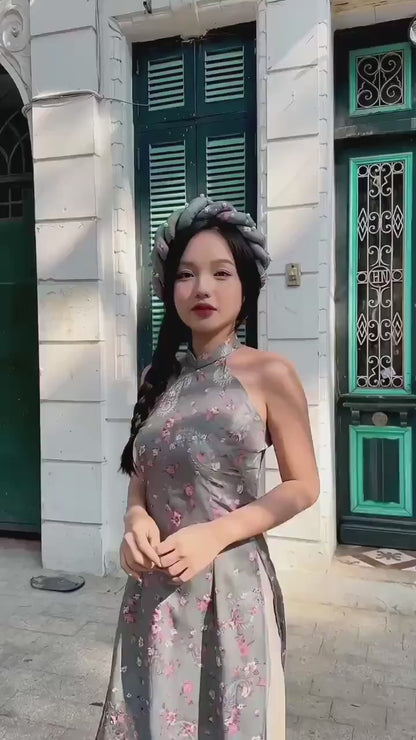 Green Chiffon Floral Yem-Inspired Ao Dai Top and Headband, No Pants, No Scarf FL
