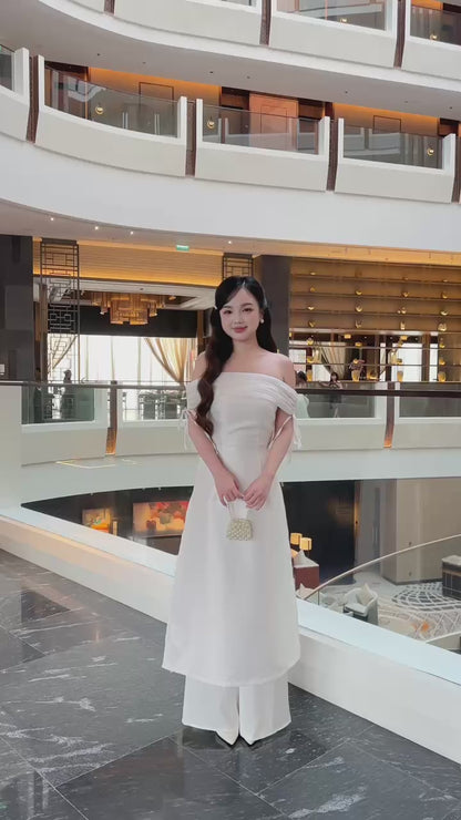 Linh Vy - Aura White Off the Shoulder Ao Dai Top Only, No Pants 2B