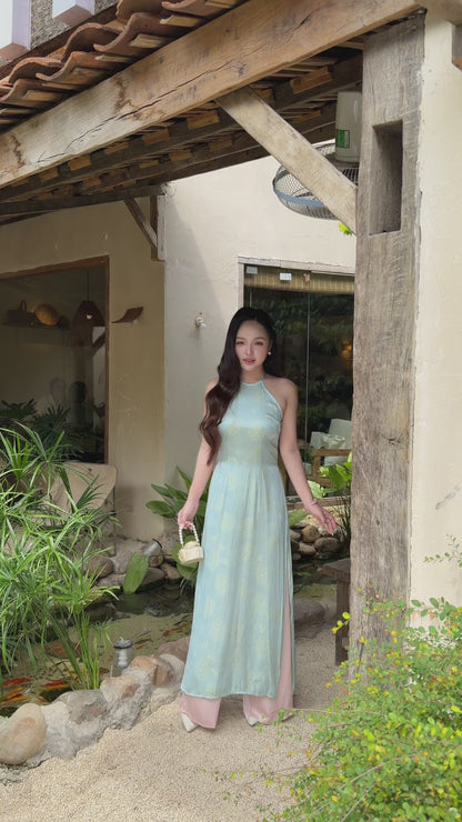 Blue Silk Sleveless Yem-Inspired Ao Dai Top Only, No Pants