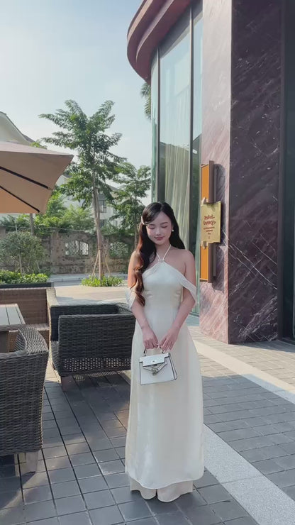 Linh Vy - Hush White Halter Off Shoulder Wing Sleeves Ao Dai Top Only, No Pants 30C