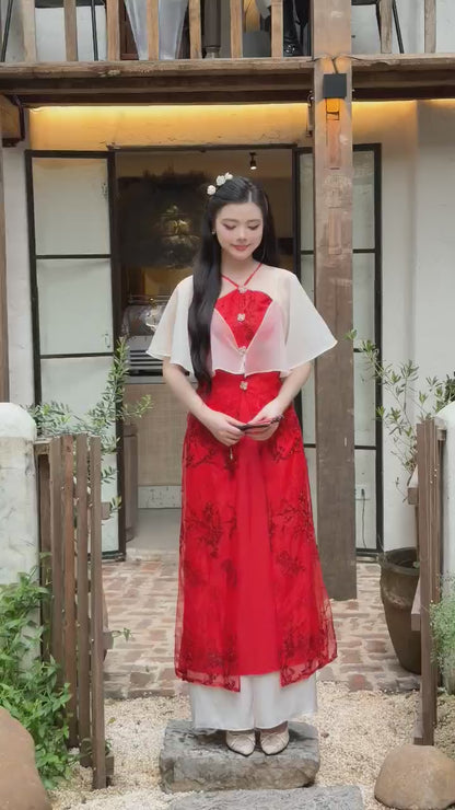 Nhu Mai - Red Halter Front Slit with Cape Ao Dai Top Only, NO PANTS, 31B